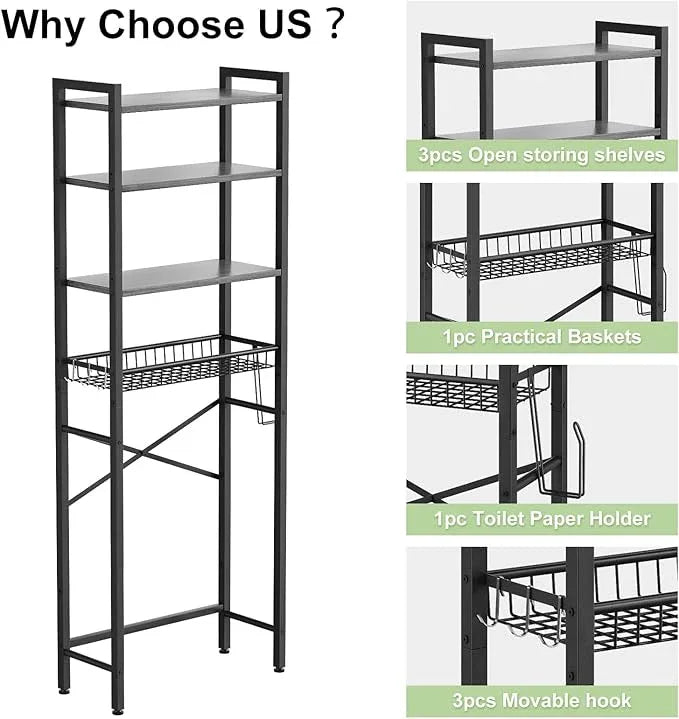 Over-The-Toilet Storage Rack, 4-Tier Bathroom Organizer Shelf Over Toilet with Adjustable Shelf and Basket, Freestanding Space Saver Bathroom Shelves Above Toilet for Room (Pure Gray) - ModernBath