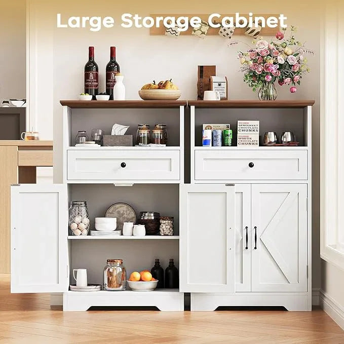 Floor Cabinet, Farmhouse Storage Cabinet with Barn Doors and Drawer, 11.81" D x 23.62" W x 39.37" H White Freestanding Adjustable Shelf Organizer for Bathroom, Kitchen, Living Room - ModernBath