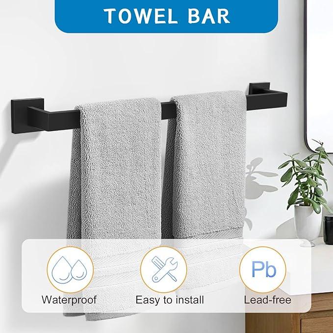 5 Pieces Bathroom Hardware Accessories Set Black Towel Bar Set Towel Holder Racks Set for Bathroom,SUS304 Stainless Steel,Wall Mounted 23.6-Inch - ModernBath