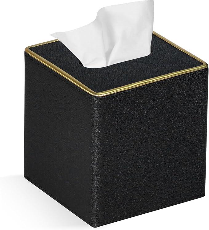 GOLRANLYE Tissue Box Cover Square PU Leather Facial Tissue Box Holder for Dresser Bathroom Decor (Black Pearl) - ModernBath