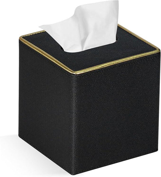 GOLRANLYE Tissue Box Cover Square PU Leather Facial Tissue Box Holder for Dresser Bathroom Decor (Black Pearl) - ModernBath