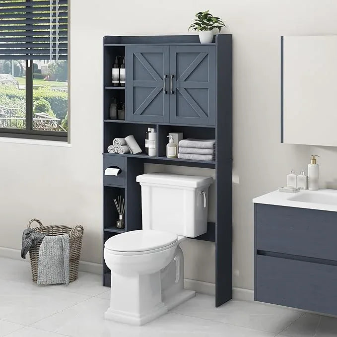 Vabches Over The Toilet Storage Cabinet, Farmhouse Storage Cabinet Over Toilet with 2 Barn Door & Toilet Paper Holder Stand，Home Space-Saving Toilet Rack, for Bathroom, Restroom, Laundry,Blue - ModernBath