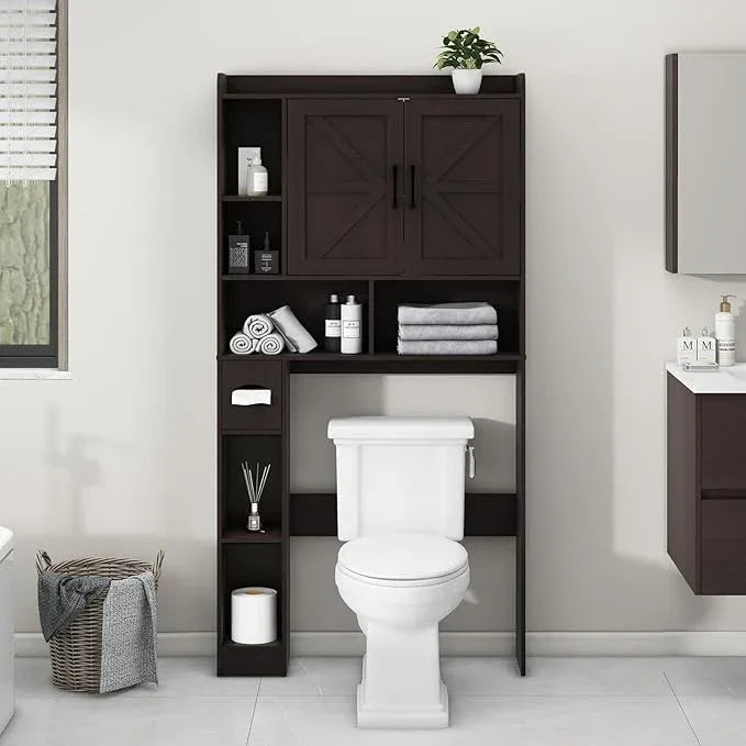 Over The Toilet Storage Cabinet, Farmhouse Storage Cabinet Over Toilet with 2 Barn Door & Toilet Paper Holder Stand, Home Space-Saving Toilet Rack, for Bathroom, Restroom (Black) - ModernBath