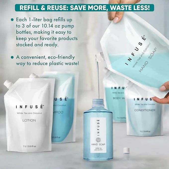 INFUSÉ 1 Liter Hand Wash Refill Bag For Soap Dispensers | Bulk Toiletries for Vacation Rentals, and Home Bathroom Showers | White Tea and Coconut | Single - ModernBath