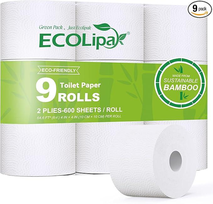 ECOLipak Bamboo Toilet Paper, Septic Safe Toilet Tissue, 9 Mega Rolls, 600 Sheets Per Roll, Tree Free, Non Toxic, 2 Ply, Soft and Absorbent, Eco Friendly Dye-Free Paper - ModernBath