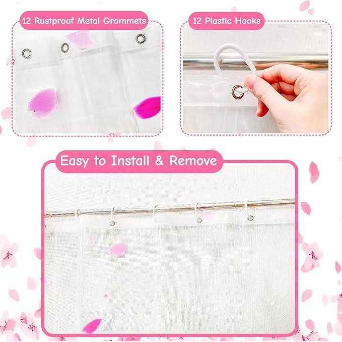 Clear Pink Floral Shower Curtain Liner, Cute Plastic Transparent Cherry Blossom Shower Curtain, Girly Flower Petals Spring Shower Curtains for Bathroom, 72x72 Shower Curtain Set with Magnets 12 Hooks - ModernBath
