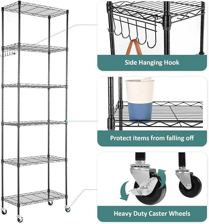 Homdox 6-Tier Storage Shelf Wire Shelving Unit Free Standing Rack Organization with Caster Wheels, Stainless Side Hooks, Black - ModernBath