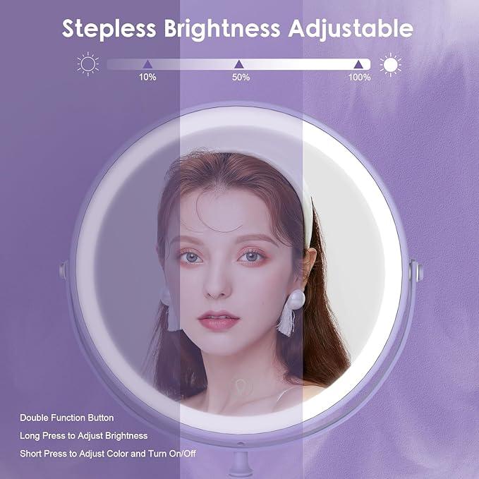 Lighted Makeup Mirror, 3000 mAh Rechargeable Double Sided Magnifying Vanity Mirror with 3 Colors, 1x/10x, 360° Rotation , Brightness Adjustable Magnification Cosmetic Light up Mirror, Women Gift - ModernBath