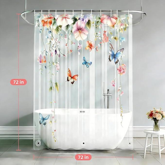 CAPQL Clear Colorful Floral Butterfly Shower Curtain Liner, Plastic Pretty Nature Plant Shower Curtains for Bathroom, 72x72 Weighted Magnetic Shower Curtain Set with 12 Hooks - ModernBath