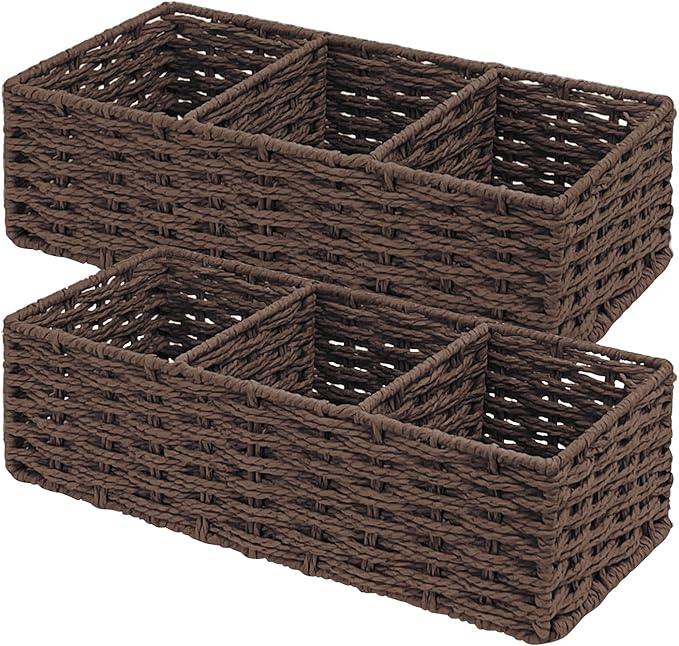 Seagrass Wicker Basket for Toilet Tank Top, 3-Compartment Handwoven Bathroom Organizer for Toilet Paper, Pads, and Accessories (2, Walnut) - ModernBath
