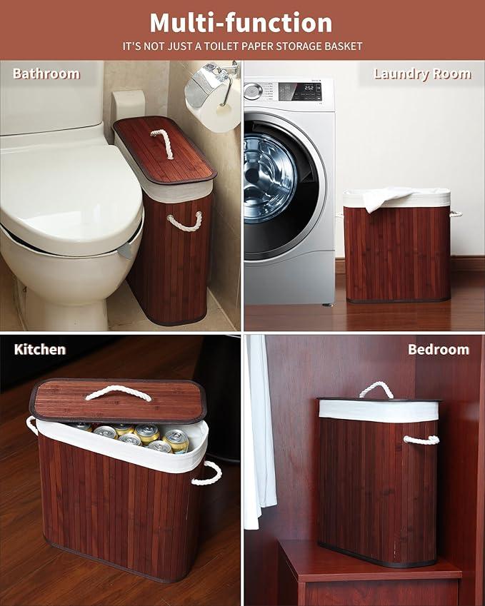Bamboo Toilet Paper Storage with Lid & Handel, 8 Gallons (30L), Sturdy Toilet Paper Basket, Organizer for Bathroom, Kitchen, Holder with Storage, Brown - ModernBath