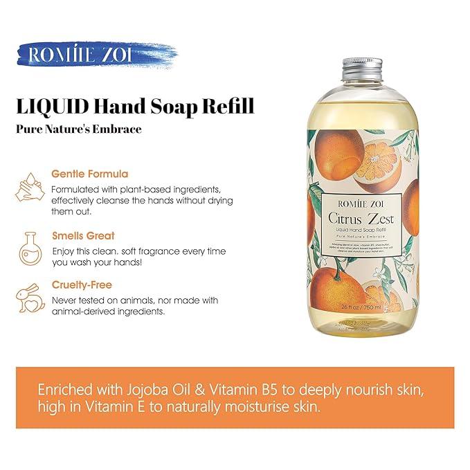 ROMIIE ZOI Liquid Hand Soap Refill, Citrus Zest, Gentle & Moisturizing Formula, 750 ML/ 26 FL OZ - ModernBath