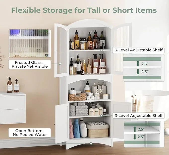 Kitchen Pantry Cabinet, Upgraded All Painted Tall Bathroom Cabinet, Modern White Kitchen Hutch W/Microwave Stand & Fluted Glass Doors, White Wooden Storage Cabinet for Living Dining Room - ModernBath
