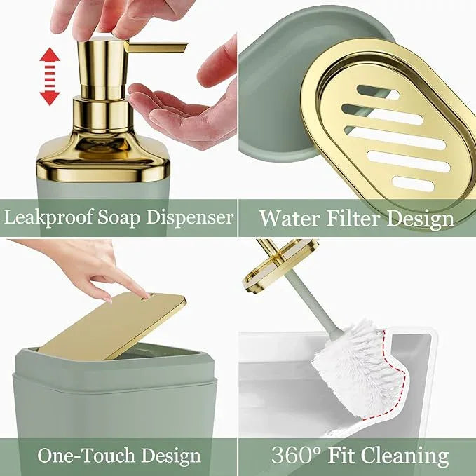 XLHOMO Bathroom Set, Sage Green Bathroom Accessories Set with Press-on Lid Bathroom Trash Can, Soap Dispenser, 10PC Bathroom Accessory Set for Home - ModernBath