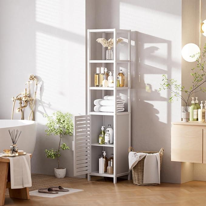 HITNET Bathroom Tall Cabinet, Floor Standing Bamboo Storage Cabinet with 6 Shelves and Shutter Door for Kitchen Living Room, White - ModernBath