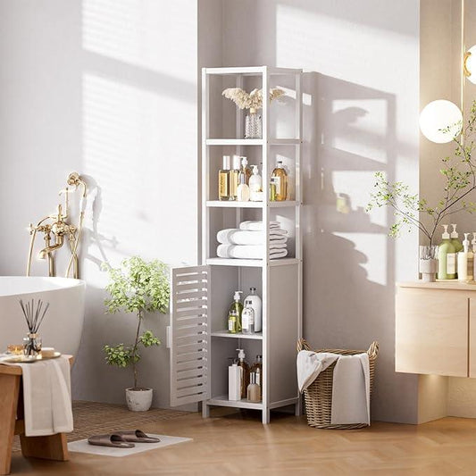 HITNET Bathroom Tall Cabinet, Floor Standing Bamboo Storage Cabinet with 6 Shelves and Shutter Door for Kitchen Living Room, White - ModernBath