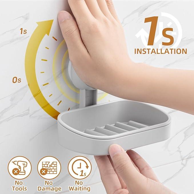 LEVERLOC Soap Dish Holder for Shower Suction Cup Wall Mounted Self Draining NO-Drilling Removable Bar Soap Sponge Holder for Bathroom Bathtub Kitchen Sink Waterproof Strong Vacuum Suction, Grey - ModernBath