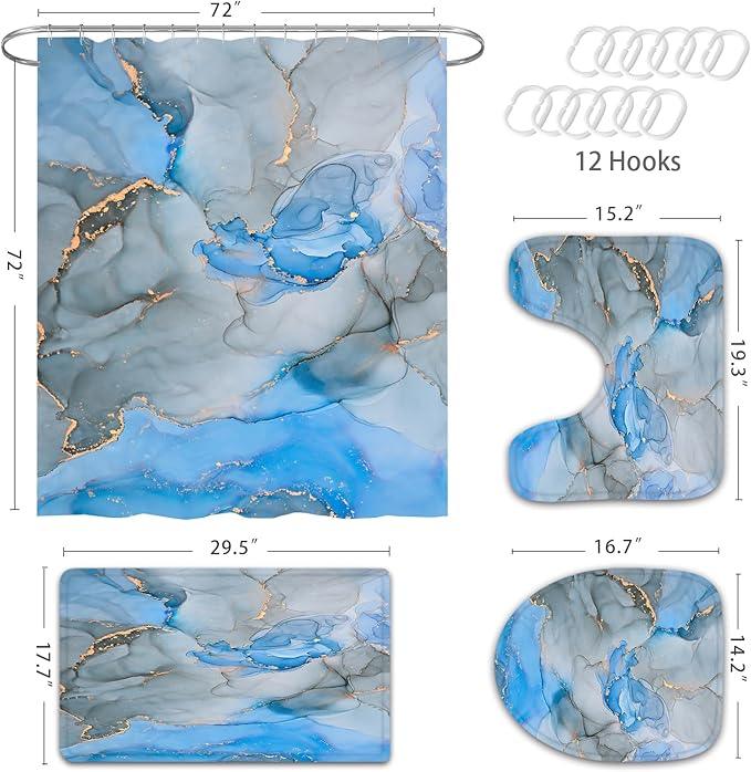 Gibelle 4 Pcs Bathroom Shower Curtain Set with Non-Slip Rugs, Toilet Lid Cover and Bath Mat, Blue Grey Marble Bathroom Decor Set with Shower Curtain and Rugs and Accessories - ModernBath