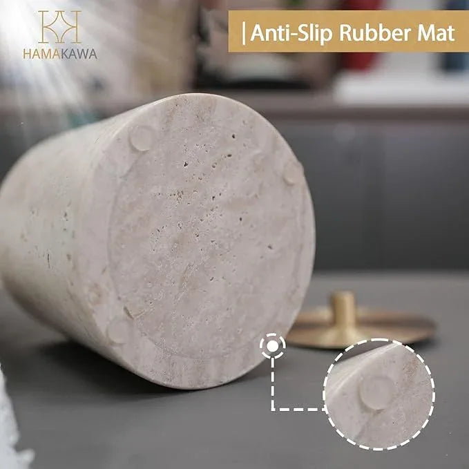 HAMAKAWA Nartural Marble Qtip Holder with Brass Lid, Beige Travertine Cotton Swab Jar, Modern Round Canister, Small Apothecary Storage Jars for Bathroom, Bedroom, Vanity, Kitchen Cabinet - ModernBath