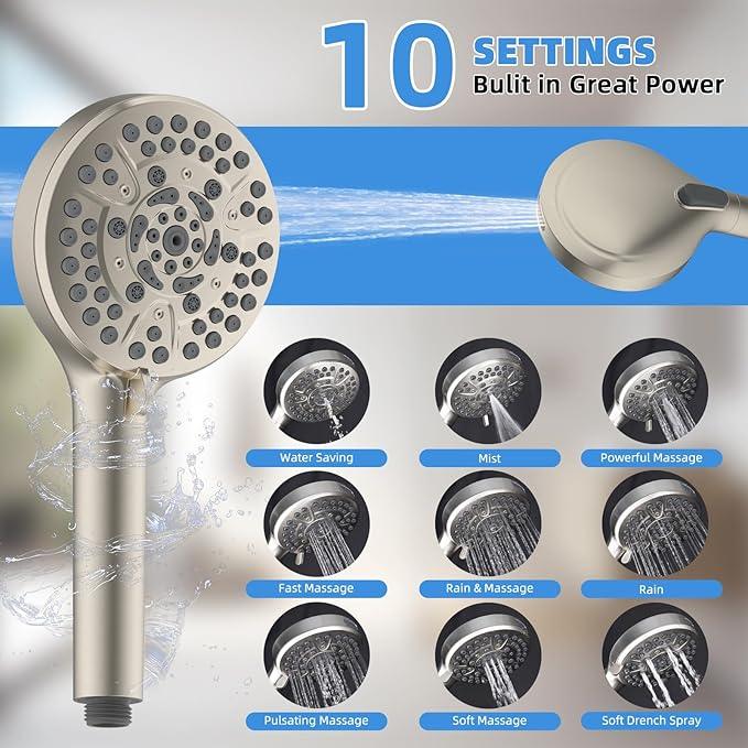 All Metal Shower Head, 8" High Pressure Rainfall/Handheld Shower Combo with 11" Extension Arm, 10-Spray Handheld Showerhead, 71" Long Hose, 3-Way Diverter Valve, Brushed Nickel - ModernBath