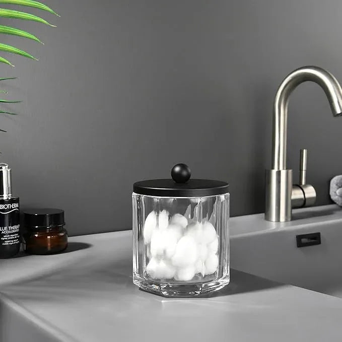 Indecor Home Clear Transparent Apothecary Octagional Shaped Glass Canister Jar With Matte Black Metal Lid Cover for Bathroom Organization, Cotton Balls, Q Tips, and Small Accessories, Bath Storage - ModernBath