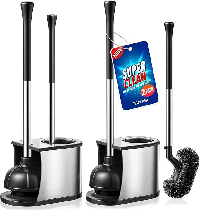 HAMITOR Toilet Plunger and Brush Set: 2 in 1 Stainless Steel Bowl Brush with Holder, Deep-Cleaning Curved Bristles and Heavy Duty Unclogger, Compact Design for Household & Hotel, Silver, 2-Pack - ModernBath
