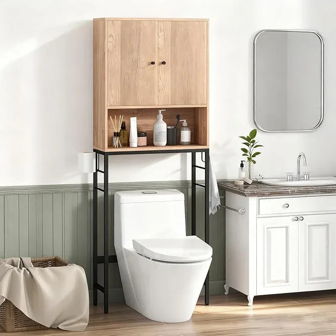 Giantex Over The Toilet Storage Cabinet, Bathroom Space Saver W/Toilet Paper Holder & Hook, Adjustable Shelf & Bottom Bar, Open Storage Cube, Over Toilet Bathroom Organizer for Laundry, Restroom - ModernBath