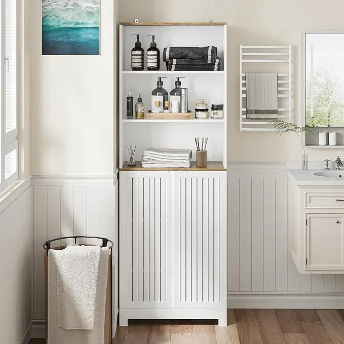 Bathroom Storage Cabinet - 66.8" Freestanding Tall Cabinet with Slatted Doors and Open Shelves, Adjustable Shelves, White Bathroom Organizer for Small Spaces, Bathroom Linen Tower with Closed Storage - ModernBath