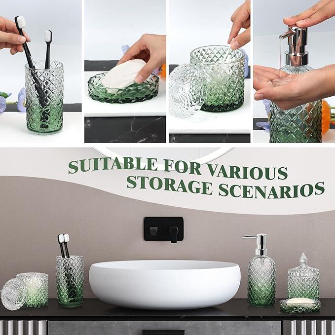 Ulable Bathroom Accessories Set, 5Pcs Bathroom Soap Dispenser Set, Glass Bathroom Accessories with Glass Soap Dispenser, Soap Dish, Toothbrush Holder, Tumbler, Cotton Swab Jar (Gradient Clear & Green) - ModernBath