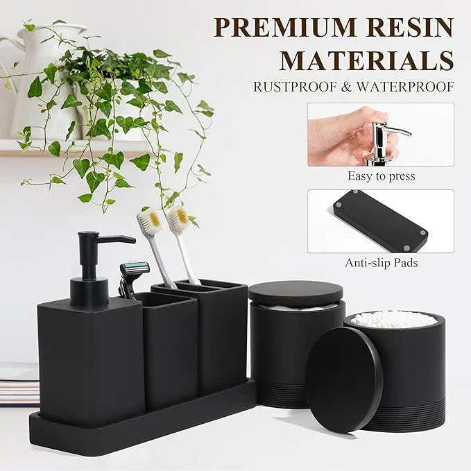 YMXYJM Bathroom Accessories Set, 6 Piece Bathroom Set with Toothbrush Holders, Soap Dispenser, Vanity Tray, Tumbler, Cotton Swab Jars, Bathroom Organizer，Bathroom Sink Sets, Matte Black - ModernBath