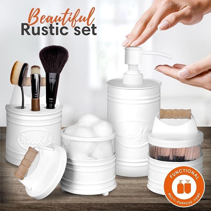 Autumn Alley White Bathroom Accessories Set 4 - Farmhouse Soap Dispenser, Toothbrush Holder, 2 Apothecary Jars Qtip Holder - White Bathroom Decor – Rustic Farmhouse Bathroom Accessories - ModernBath