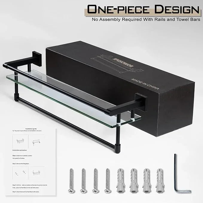 Glass Shelves for Bathroom with Towel Bar/Rack 24" Tempered Glass Shelves with Stainless Steel Towel Holder for Wall Shelf Sink Over Toilet (Matte Black) - ModernBath