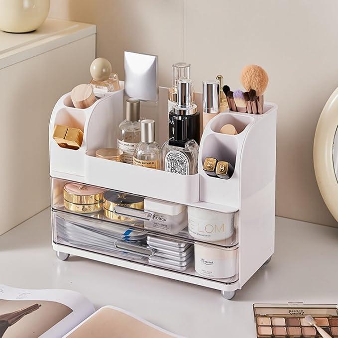 Makeup Organizer with Drawers for Vanity,Bathroom Countertop Organizer with Brushes Holder,Skincare Storage Organizer,Perfect Cosmetic Display Case for Skincare,Lipstick and Beauty Essential (White) - ModernBath