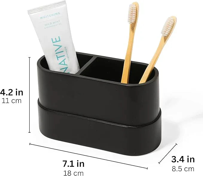 Matte Black Large Toothbrush and Toothpaste Holder and Cup for Bathroom Vanity and Countertop, 2 Compartment Organizer for Electric Toothbrushes, Floss, Razors, Cotton, and Mouthwash - YEW DESIGN - ModernBath