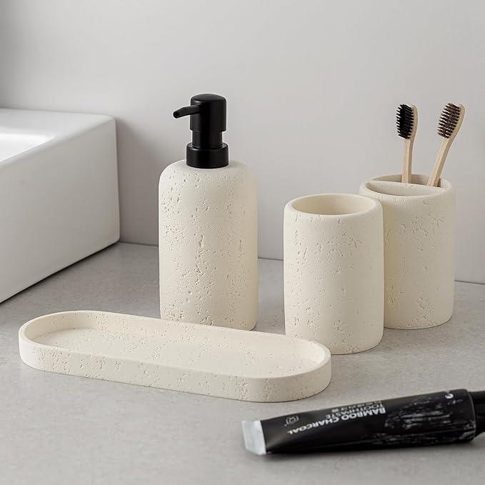 WUUAHOME Bathroom Accessories Set, 4 Piece Travertine Stone Look Collection, Modern Bath Organizer with Soap Dispenser, Toothbrush Holder, Tumbler, Vanity Tray for Countertop Kitchen Sink (Off White) - ModernBath