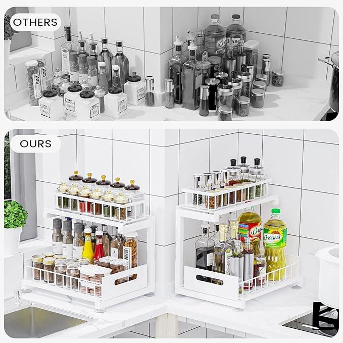 2 Pack Under Sink Organizer, Heavy Duty Metal Slide Out Sink Shelf Organizer Height Adjustable, Multi-Purpose Storage Shelf for Kitchen Bathroom (White,2Pack) - ModernBath