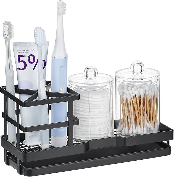 MYITYARD Toothbrush Holders for Bathrooms, Cotton Swabs & Cups Dispenser Set - Metal Electric Tooth Brushing & Toothpaste Countertop Organizer with Drainage for Shower, Sink - Black - ModernBath