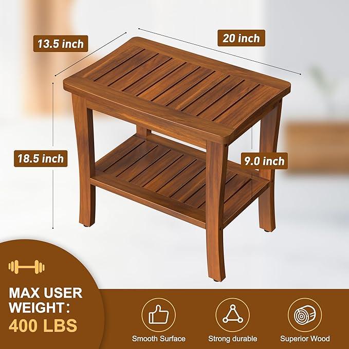 Large Teak Wood Shower Bench Stool with Storage Shelf Wooden Teak Bench for Shower Seat Chair for Inside Shower Waterproof Teakwood Shower Bench Bathroom Spa Bathing Shower Stool with Non-Slip Feet - ModernBath