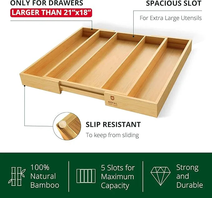 ROYAL CRAFT WOOD Luxury Bamboo Kitchen Drawer Organizer - Silverware Organizer - Utensil Holder and Cutlery Tray with Grooved Drawer Dividers for Flatware and Kitchen Utensils (5 Slot, Natural) - ModernBath