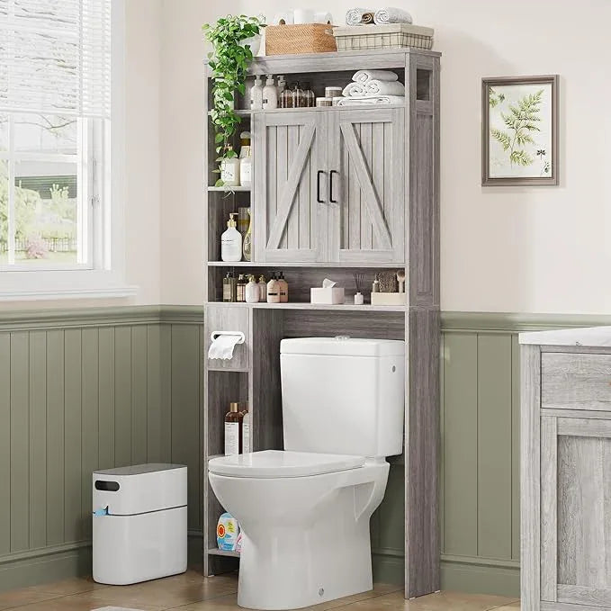 Over The Toilet Storage Cabinet with 2 Barn Doors & Built-in Toilet Paper Holder, Farmhouse Space-Saving Organizer for Bathrooms and Laundry Room, Grey - ModernBath