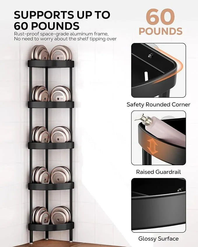 Nieifi Corner Shower Caddy Stand-5 Tier Rustproof Anodized Aluminum Standing Shower Organizer-Shower Caddy Corner-Dual Stability to Anti-Shaking-Height-Adjustable Legs for Uneven Surfaces-Black - ModernBath