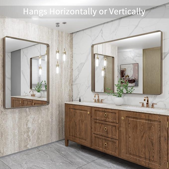 LOAAO 40”X32” Bronze Bathroom Mirrors for Vanity, Rounded Rectangle Brushed Bronze Metal Frame Mirror, Anti-Rust, Tempered Glass, Hangs Horizontally or Vertically - ModernBath