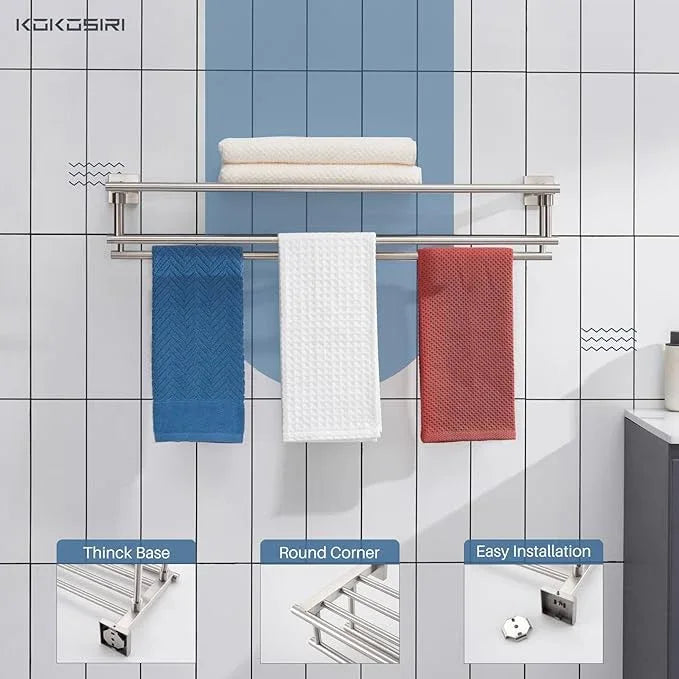 KOKOSIRI Towel Shelf with Double Towel Bars 32 Inches Bathroom Towel Rack Bath Towel Holder Wall Mounted Stainless Steel, Brushed Nickel, B6005BR-L32 - ModernBath