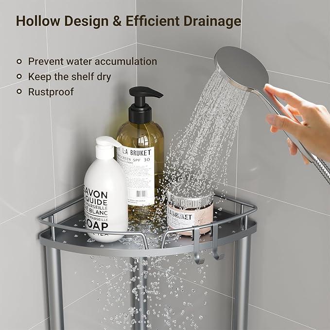 ELYKEN Corner Shower Caddy Standing, 3 Tier Rustproof Metal Shower Organizer with Soap Holder, Floor Shower Corner Shelf Rack Storage Stands with Adjustable Feet & 2 Hooks for Bathroom, Silver - ModernBath