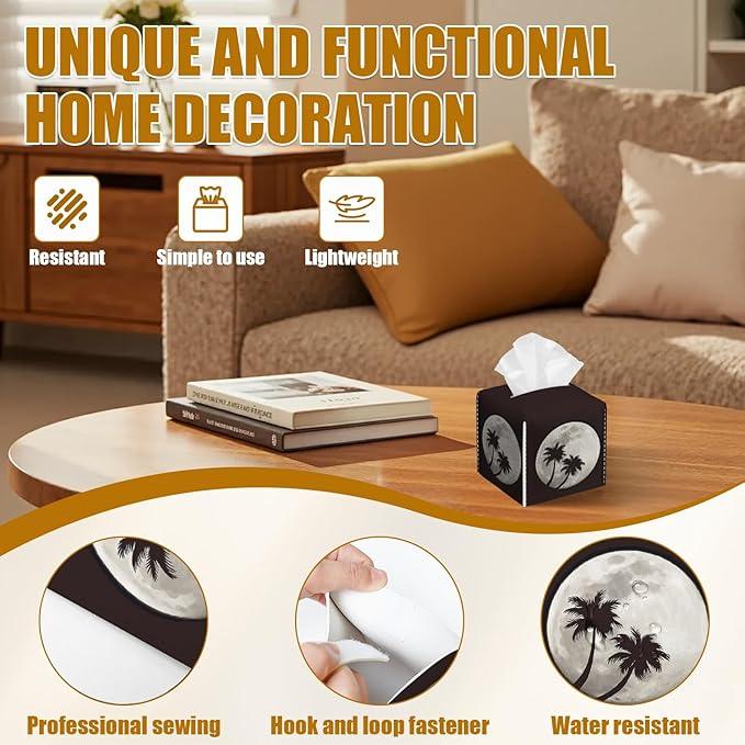 Full Moon Tissue Box Cover 2PCS, Palm Tree Leather Tissue Box Holder Square Facial Paper Case Tissue Box Cube Organizer for Bathroom Bedroom Desk Office - ModernBath