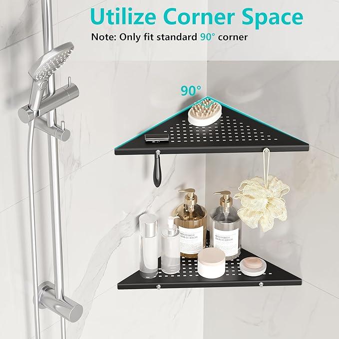 10" Bathroom Corner Shelf, 2 Pack Recessed Shower Shelf Caddy, SUS304 Stainless Steel Shelf Wall Mount Triangular, No Drilling Matte Black - ModernBath