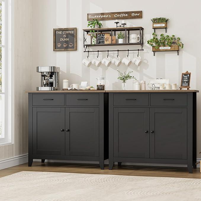HORSTORS Kitchen Storage Cabinet, Modern Farmhouse Buffet Cabinet with Storage, Coffee Bar with 2 Drawers and 2 Doors, Floor Sideboard Buffet for Living Room, Dining Room, Bathroom, Black/Rustic Brown - ModernBath