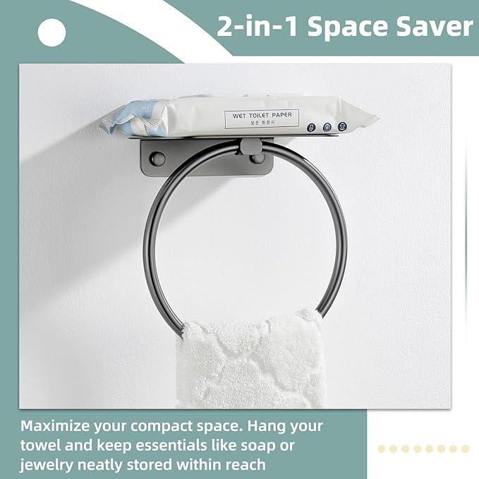 APLusee Gunmetal Gray Towel Ring with Shelf, 304 Stainless Steel Bathroom Towel Holder, Wall Mounted Swivel Loop for Kitchen Shower, Rustproof & Easy to Install - ModernBath
