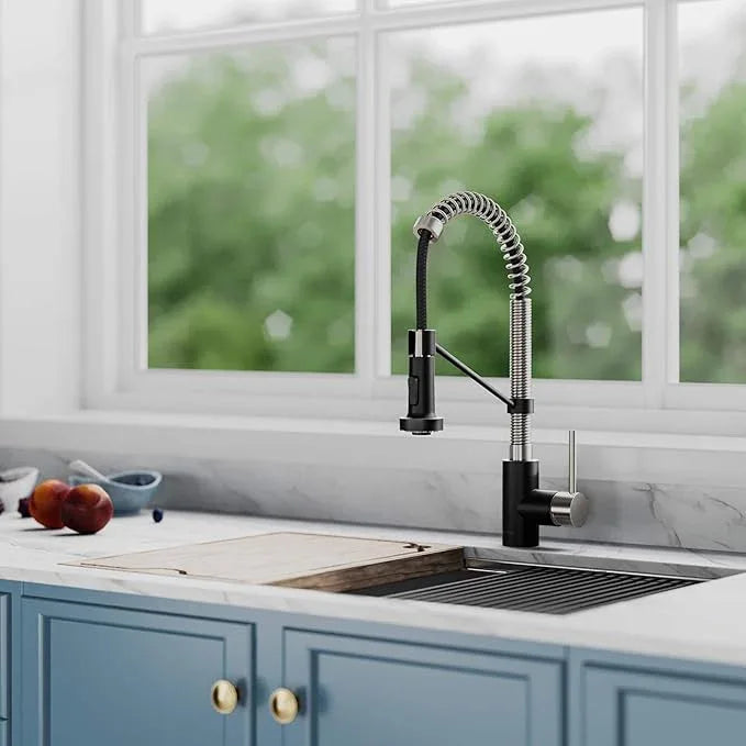 KRAUS Bolden 18-Inch Single Handle Spot Free Stainless Steel/Matte Black Commercial Style Pull-Down Kitchen Faucet with Dual Function Sprayer, KPF-1610SFSMB (Pack of 1) - ModernBath