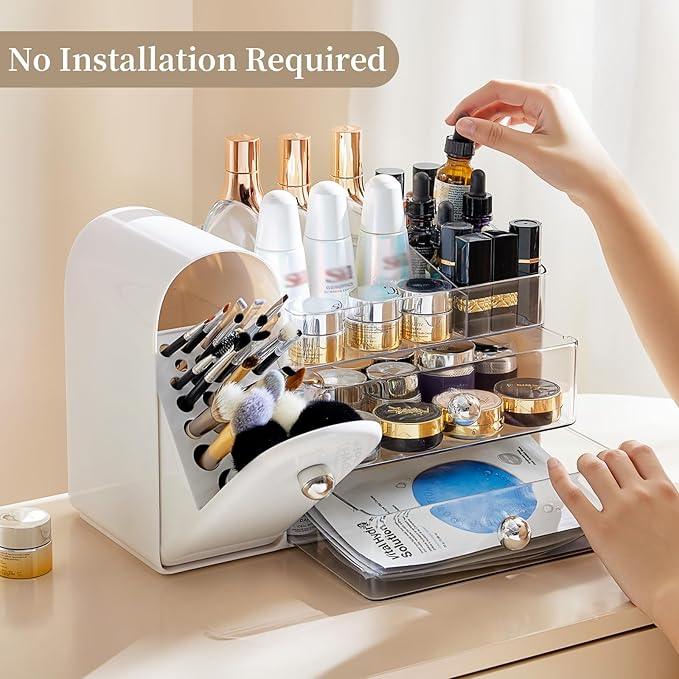 Makeup Organizer with Brush Holder for Vanity, Large Cosmetic Display Cases with 2 Drawers, Skincare Organizer for Bathroom Countertop, White - ModernBath